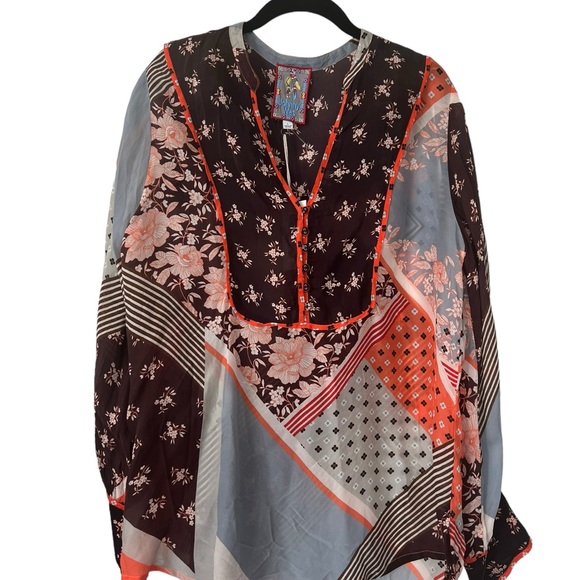 NWT Johnny Was Roslyn Toni Blouse Womens Large Multi Pattern Orange Brown Floral - Picture 2 of 5